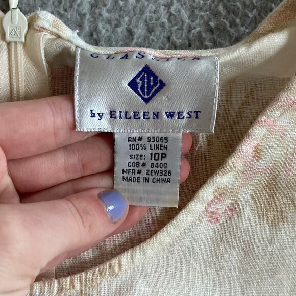 Eileen West Mini Dress 10P Linen Floral Short Sleeve Cream Pink Cottage Retro 10 - Picture 10 of 16